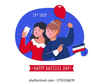 Cartoon Young Girls Taking Selfie Together with a Balloon and France Flag on Abstract Background for 14th July, Happy Bastille Day.