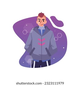 Cartoon young guy with diagram on his face. Vector isolated Cyberpunk illustration, cyborgs people on purple gradient background. Man with implants and additional energy sources