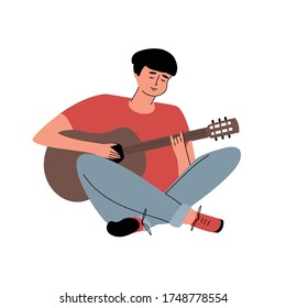 Cartoon young guy playing guitar. A hand-drawn Man is sitting with a musical instrument in his hands. Love of music. Colorful vector illustration on an isolated white background.