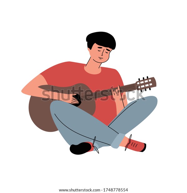 ギターを弾く漫画の若い男 手描きの男が手に楽器を持って座っている 音楽が好き 分離型白い背景にカラフルなベクターイラスト のベクター画像素材 ロイヤリティフリー