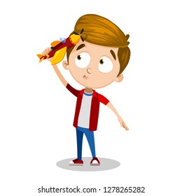 Cartoon young guy playing with plastic airplane. Curious child holding toy in the air vector illustration. Childhood and fun concept. Isolated on white background