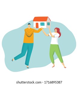 Cartoon young happy man and woman holding a model of new house and thinking about buying dream building, isolated on white, vector illustration. People think about investing for your a common future.