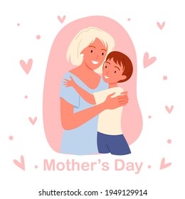Cartoon young happy mom holding baby boy in hands with love, mother loving and hugging baby kid, pink greeting card poster template. Mothers day concept.