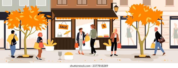 Cartoon young happy people with shopping bags wear autumn clothes, walk along city street with houses and buildings, orange tree to buy gifts at store. Autumn sale in retail shop vector illustration