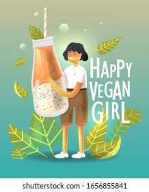 Cartoon young happy vegan woman smiling and holding Mason jar of the morning smoothie with peach, chia seeds and yogurt isolated over gradient wall and leaves. Friendly organic lifestyle. Vegan phrase