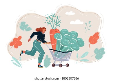 Cartoon of young happy woman buying vegetable ingredients for cooking dinner at home, flat vector illustration of healthy nutrition habit and home on white background.