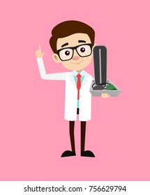 Cartoon Young Hematologist Presenting BP Monitor Equipment Vector