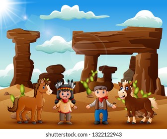 Cartoon young indian girl and cowboy with animal in the desert