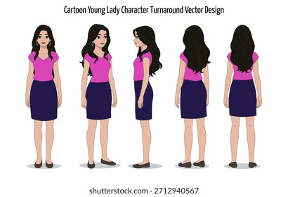 Cartoon Young Lady Character Vector Design, Young Lady Turnaround Illustration, Model Sheet, Pink, Long Hair, Vector Design