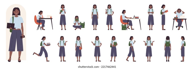 Cartoon young lady with cute haircut and casual clothes showing study gestures and actions. African american black female student character poses in side, front and back view set vector illustration