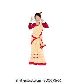 Cartoon Young Lady Playing Gogona Instrument In Assamese Traditional Costume.