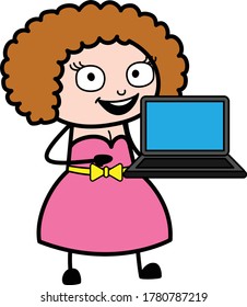 Cartoon Young Lady presentation on Laptop