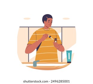 Cartoon Young Man In A Bathroom Applying Face Serum As Part Of His Daily Skincare Routine, Cartoon Vector Illustration