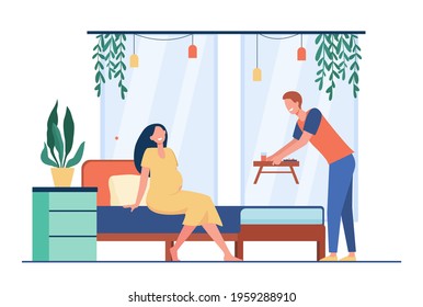 Cartoon young man bringing breakfast to bed for pregnant woman. Flat vector illustration. Loving husband caring about happy wife. Family, care, pregnancy concept for banner design or landing page