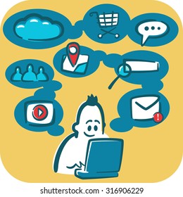 Cartoon young man browsing the internet using laptop. Social and media icons around it.