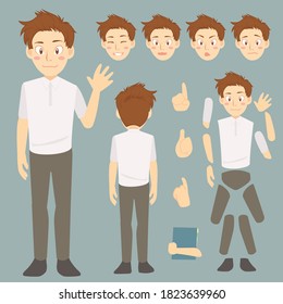 Cartoon young man character break parts for animation, flat style with various emotion