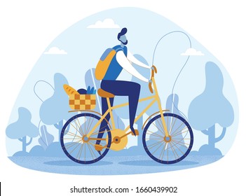 Cartoon Young Man Character Riding Bicycle Carrying Groceries Shopping Basket and Backpack. Bearded Male Person Cycling in Park. Picnic on Nature. Healthy Lifestyle. Vector Flat Illustration