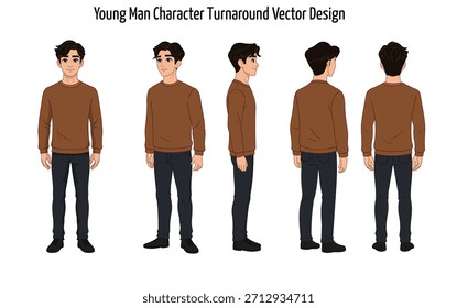 Dibujos Animados De Hombre Joven Diseño De Vector De Personajes, Hombre Personaje Turnarounds Ilustración, Marrón, Hoja De Modelo, Ilustración vectorial