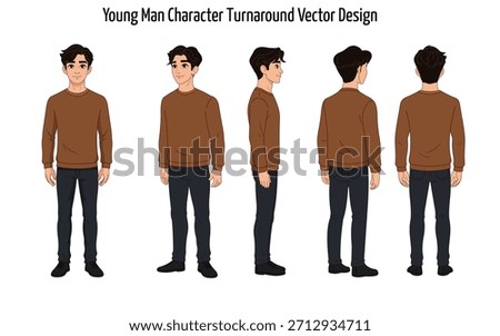 Cartoon Young Man Character Vector Design, Man Character Turnarounds Illustration, Brown, Model Sheet, Vector Illustration
