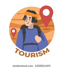 Cartoon young man discovering new places. Process of visiting sightseeing during winter and summer holidays. Tourist and traveler lifestyle. Vector illustration