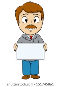 Cartoon young man with empty board. Vector illustration.