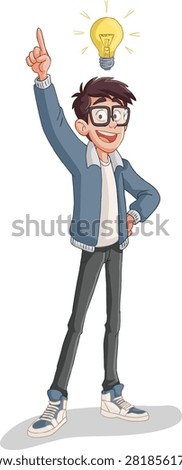 Cartoon young man with glasses smiles brightly while pointing up with one hand, standing beneath a glowing yellow lightbulb that symbolizes a sudden brilliant idea.