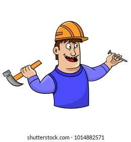 cartoon young man in a hard hat with a hammer and nails. Construction work vector illustration