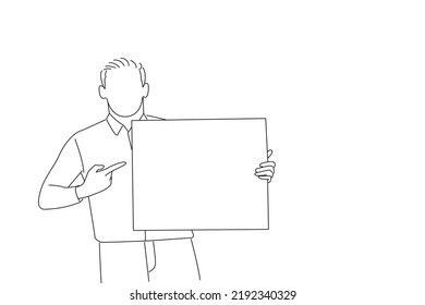 Cartoon of young man holding advertising banner very happy pointing with hand and finger. Outline drawing style art
