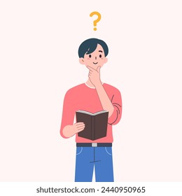 Cartoon Young man holding a book with question mark in the air,
thought process or thinking, thoughtful man,business people concept,flat vector illustration