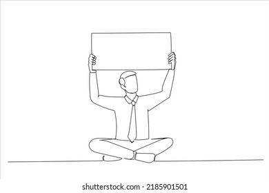 Cartoon of young man holding sign above his head. Single continuous line art style
