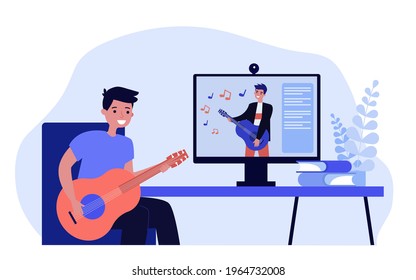 Joven caricaturista aprendiendo a tocar guitarra en línea. Ilustración vectorial plana.. Hombre joven viendo clases musicales en el juego de guitarra en Internet. Hobby, música, concepto de tecnología moderna para el diseño de pancartas