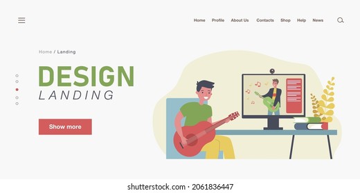 Cartoon young man learning playing guitar online. Flat vector illustration..Young man watching musical lessons on guitar play in Internet. Hobby, music, modern technology concept for banner design