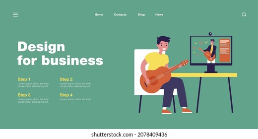 Cartoon young man learning playing guitar online. Flat vector illustration..Young man watching musical lessons on guitar play in Internet. Hobby, art, music, modern technology concept for banner