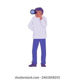 Cartoon young man looking through telescope and laughing vector flat illustration. Searching for a opportunities, strategic planning. Research for navigation, exploration or observation