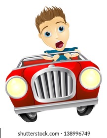 Cartoon young man looking very scared driving fast in convertible sports car