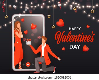 Cartoon Young Man Offering Gift To His Girlfriend Like As Proposal Through Video Call On The Occasion Of Valentine's Day.