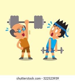 Cartoon young man and old man doing weight training