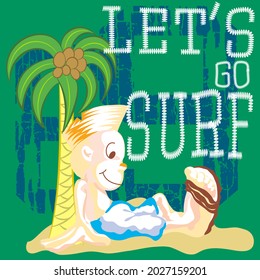 cartoon young man on the tropical island surfing and text