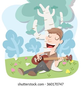 cartoon young man on vacation playing guitar under the tree