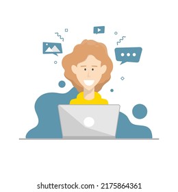 Cartoon young man playing on laptop, Digital marketing illustration.