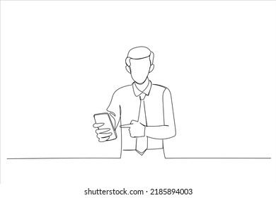 Cartoon Of Young Man Pointing Finger At Mobile Phone. Single Continuous Line Art Style
