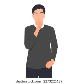 Cartoon young man pointing his mouth to ask for silence. Businessman with a serious temperament. Stop using the sound or be quiet. Flat vector illustration isolated on white background