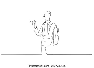 Cartoon of young man pointing, surprised by something or someone. One continuous line art style
