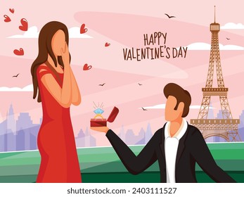 Cartoon Young Man, der seine Freundin vor dem Eiffelturm-Denkmal vorschlägt, am Happy Valentinstag.