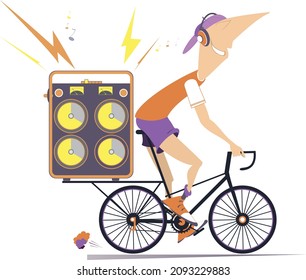 Cartoon young man rides and listens music on boombox illustration.
Smiling man in headphones rides a bike and listens music on the big audio equipment isolated on white
