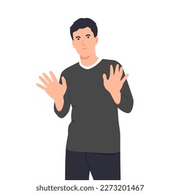 Cartoon young man showing gesture of rejection, stop, forbid. Concept of disagreement, dissatisfaction. man face expression fear, negative. Flat vector illustration isolated on white background