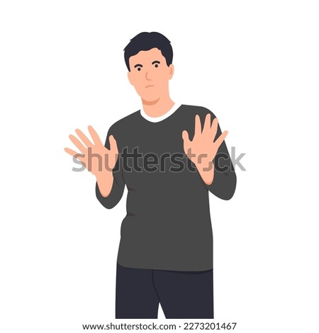 Cartoon young man showing gesture of rejection, stop, forbid. Concept of disagreement, dissatisfaction. man face expression fear, negative. Flat vector illustration isolated on white background