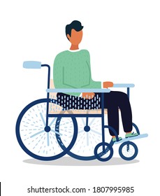cartoon young man sit in wheelchair with blue elements and beige back and seat. Black trousers and green sweater. Hand drawn style. isolated on white background