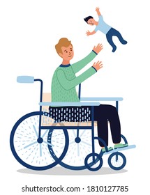 cartoon young man sit in wheelchair and toss the baby up. Black trousers and green sweater. Parenting. Father and son. Hand drawn style. isolated on white background