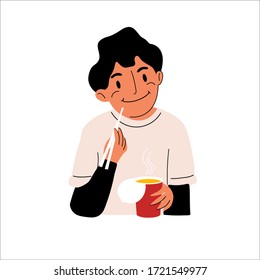 Un joven dibujante se sienta y come ramen. Un tipo sonriente a la hora del almuerzo en un lugar de comida rápida. Ilustración vectorial colorida sobre un fondo blanco aislado.